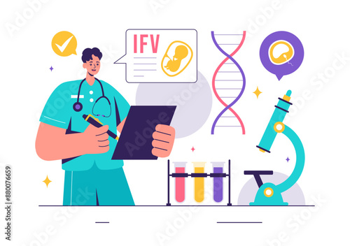 IVF or In Vitro Fertilization Vector Illustration for Artificial Insemination, Focusing on Pregnancy and Doctors' Research of Fertilized Eggs