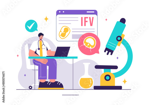 IVF or In Vitro Fertilization Vector Illustration for Artificial Insemination, Focusing on Pregnancy and Doctors' Research of Fertilized Eggs