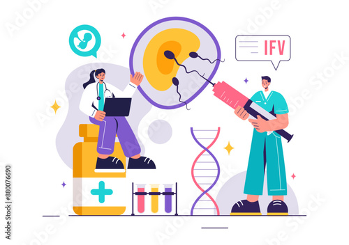 IVF or In Vitro Fertilization Vector Illustration for Artificial Insemination, Focusing on Pregnancy and Doctors' Research of Fertilized Eggs