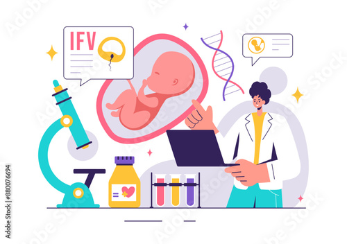 IVF or In Vitro Fertilization Vector Illustration for Artificial Insemination, Focusing on Pregnancy and Doctors' Research of Fertilized Eggs