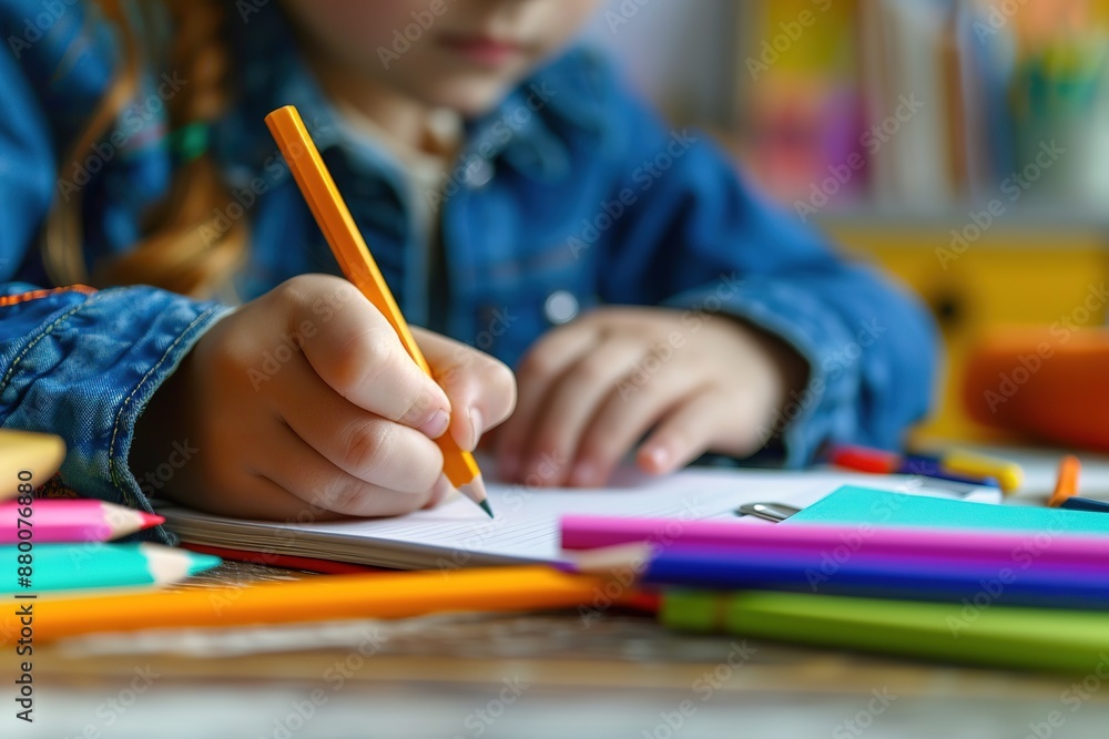 A child is writing in a notebook with a pencil A child is writing in a notebook with a pencil