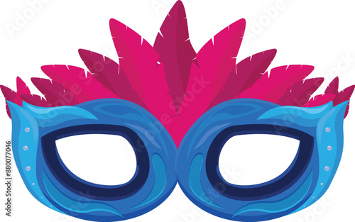 Blue and pink mardi gras mask with feathers, representing the festive spirit and excitement of carnival celebrations