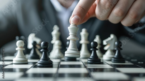Strategic Business Move - Hand Placing Chess Piece on Board for Competitive Advantage in Corporate Strategy Game, Generative Ai