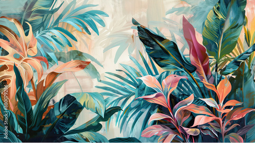 Abstract hand drawn nostalgic tropical botanical oil paint
