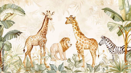 Beige watercolor safari animals wallpaper