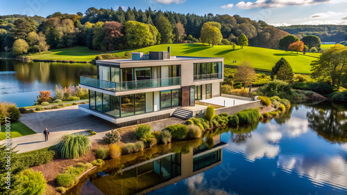 Luxurious modern villa with sleek lines and vast windows overlooking mature trees and serene lake in Brittany's picturesque countryside landscape with rolling hills.