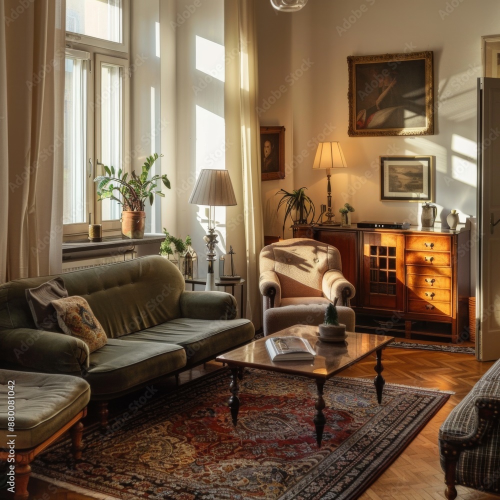 Fototapeta premium Cozy living room with vintage furniture and stylish decor