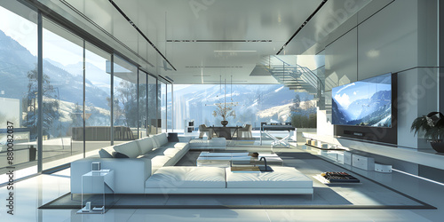 Minimalist living room design with expansive glass walls and panoramic mountain views
Modern living space featuring sleek furniture and breathtaking mountain scenery