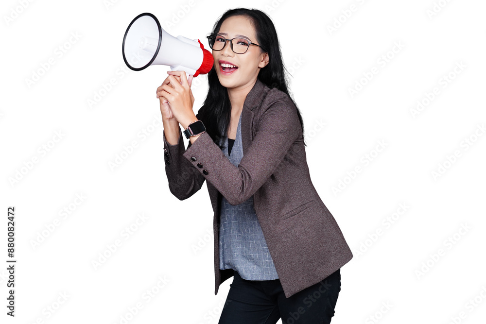 Woman in formal outfit using megaphone isolated transparent Woman in formal outfit using megaphone isolated transparent