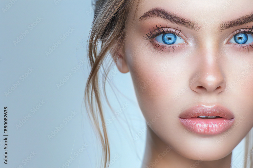 Naklejka premium Stunning Blue-eyed Model Portrait with Radiant Skin and Captivating Facial Features for Beauty Photography