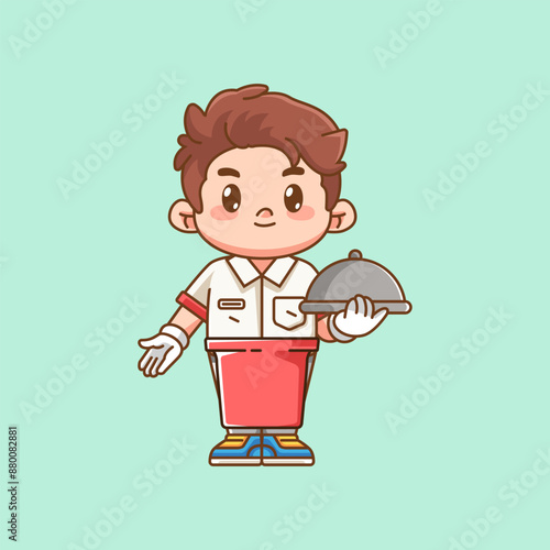 Cute waiter serve food kawaii chibi character mascot illustration outline style design