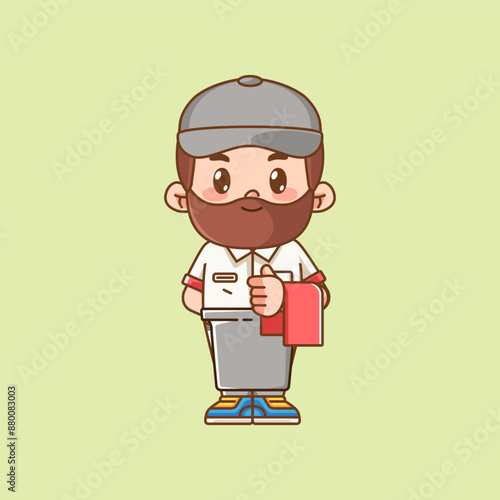 Cute waiter serve customer kawaii chibi character mascot illustration outline style design