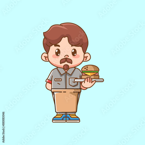 Cute waiter serve hamburger kawaii chibi character mascot illustration outline style design