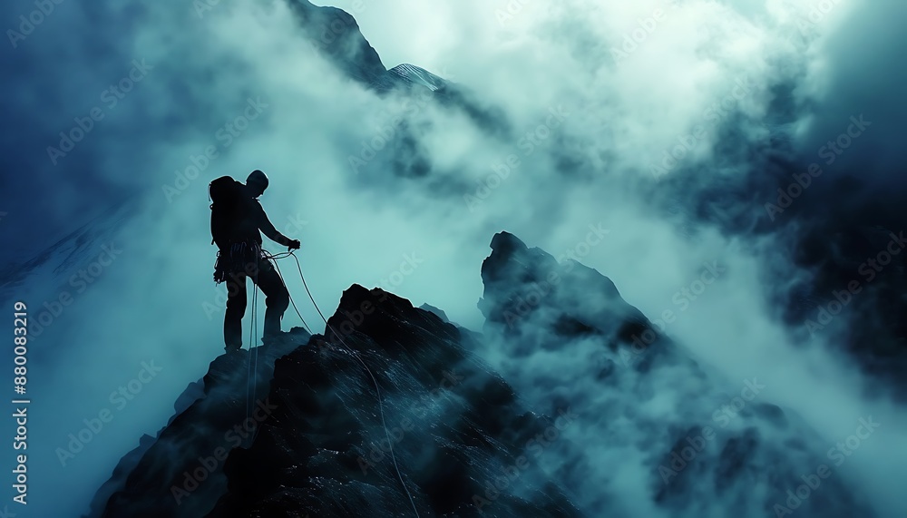Silhouette of a Climber on a Foggy Mountain Peak Silhouette of a Climber on a Foggy Mountain Peak