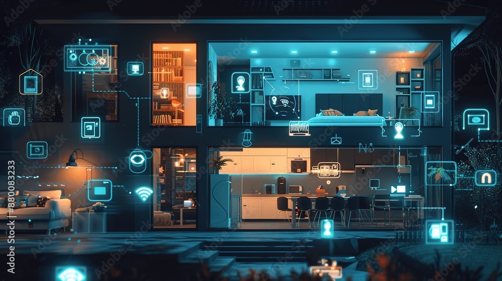 A Visually Stunning Smart Home Showcasing the Power of the Internet of Things, with Connected Devices Such as AI-Powered Refrigerators, Coffee Makers, and Ovens, Communicating Seamlessly to Simplify A Visually Stunning Smart Home Showcasing the Power of the Internet of Things, with Connected Devices Such as AI-Powered Refrigerators, Coffee Makers, and Ovens, Communicating Seamlessly to Simplify