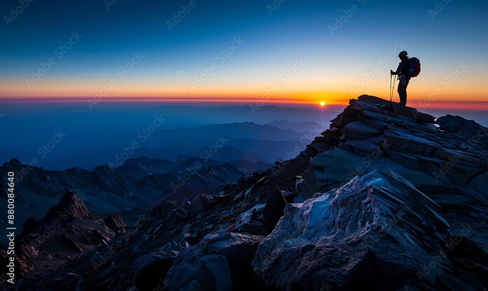 Obraz premium Silhouette of a Hiker at Sunrise on a Mountain Peak