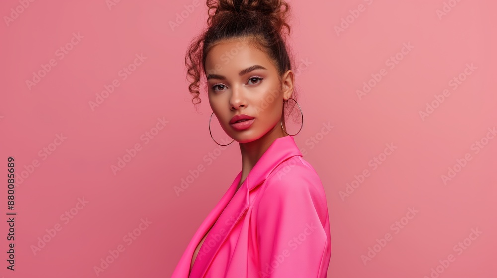 Confident Professional Woman Posing in Bright Pink Blazer Against Pink Background Confident Professional Woman Posing in Bright Pink Blazer Against Pink Background