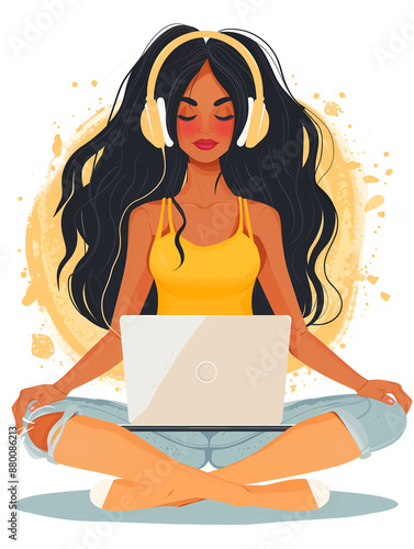 Cartoon illustration , girl sitting with laptop in her lap studying listening to Podcast on headphones. Thumbnail or banner for education & Podcast marketing