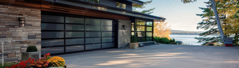 Modern lakeside house with a sleek garage door, spacious driveway, and surrounding nature. Scenic waterfront view in a serene setting. Modern lakeside house with a sleek garage door, spacious driveway, and surrounding nature. Scenic waterfront view in a serene setting.