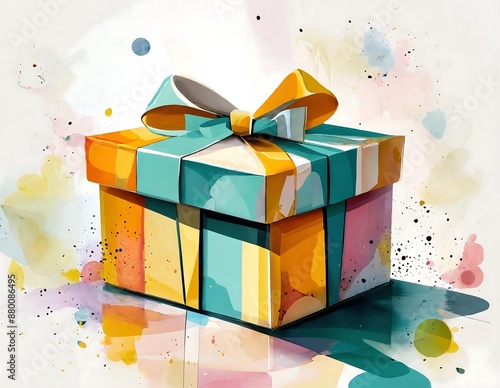 Multicolored gift box with a bow. Brightly colored gift box pattern on white background and reflection on the table.  Gift box in yellow, pink and blue colors.
