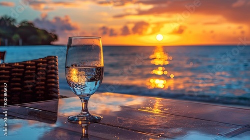 A beachside view with a water glass on a table overlooking the ocean at sunset.