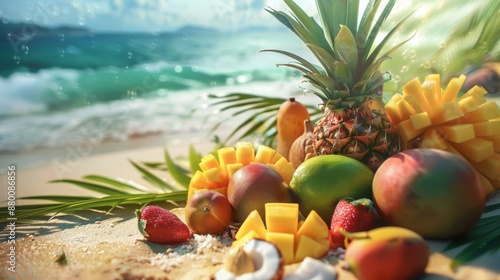 A beautiful arrangement of tropical fruits, including pineapples, mangoes, and coconuts, on a beach.