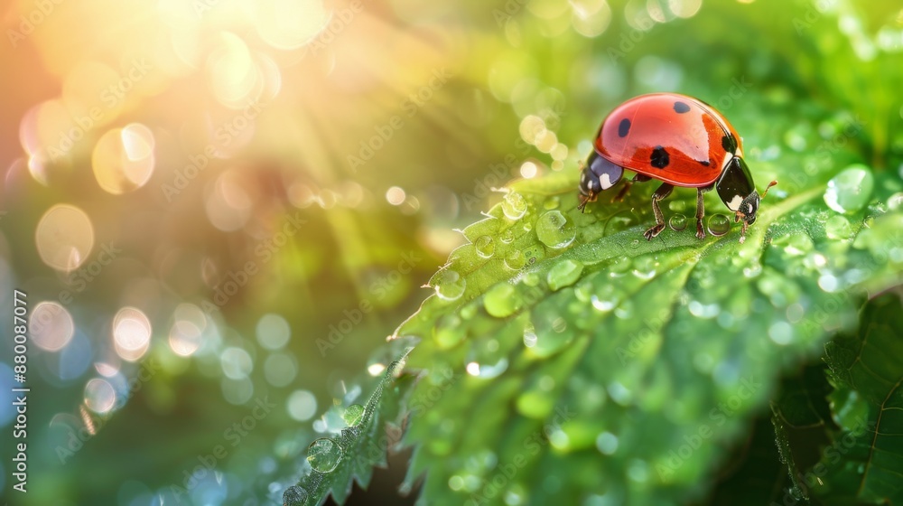 A beautiful ladybug crawling on a green leaf with dew droplets. A beautiful ladybug crawling on a green leaf with dew droplets.