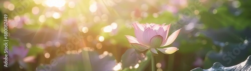 Morning sunlight filters through a lotus flower blooming in a tranquil pond, creating a serene and peaceful atmosphere.