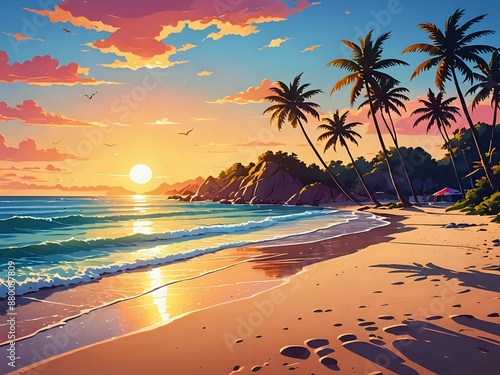 An anime-style scene at the beach during sunset  vibrant colors  relaxing atmosphere