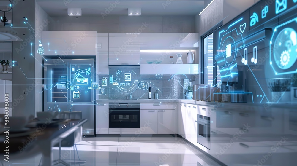 A Visually Stunning Smart Home Showcasing the Power of the Internet of Things, with Connected Devices Such as AI-Powered Refrigerators, Coffee Makers, and Ovens, Communicating Seamlessly to Simplify A Visually Stunning Smart Home Showcasing the Power of the Internet of Things, with Connected Devices Such as AI-Powered Refrigerators, Coffee Makers, and Ovens, Communicating Seamlessly to Simplify