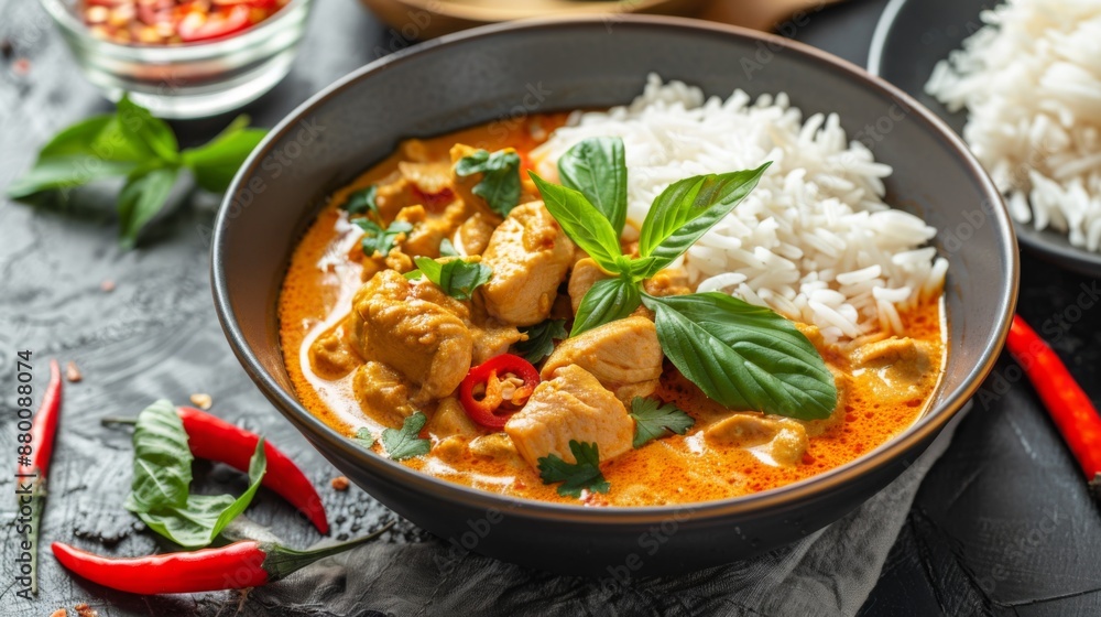 A bowl of aromatic Thai red curry served with jasmine rice and herbs. A bowl of aromatic Thai red curry served with jasmine rice and herbs.