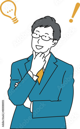 アイデアをひらめいたスーツの男性のシンプルイラスト