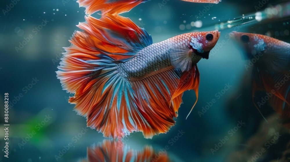 A betta fish flaring its fins aggressively in response to its reflection. A betta fish flaring its fins aggressively in response to its reflection.