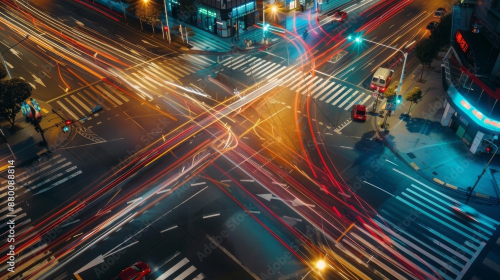 A busy intersection with red and green traffic lights guiding vehicle movement. A busy intersection with red and green traffic lights guiding vehicle movement.