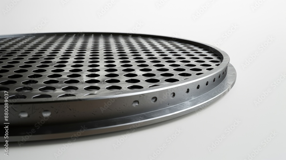 Metal grid or circular platform with perforations on white backdrop Metal grid or circular platform with perforations on white backdrop