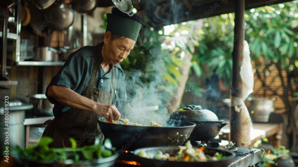 Fototapeta premium A chef cooking traditional Thai green curry in a rustic kitchen setting.
