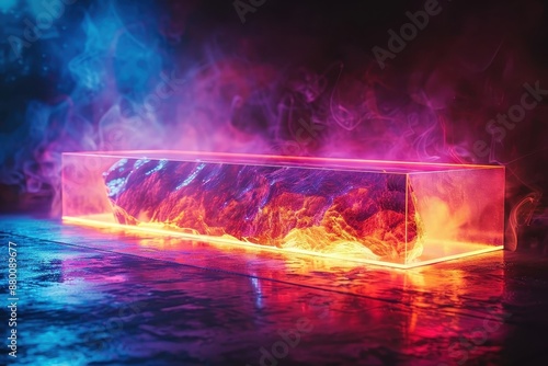 highlights the use of lighting to create a captivating atmosphere around a transparent acrylic podium.