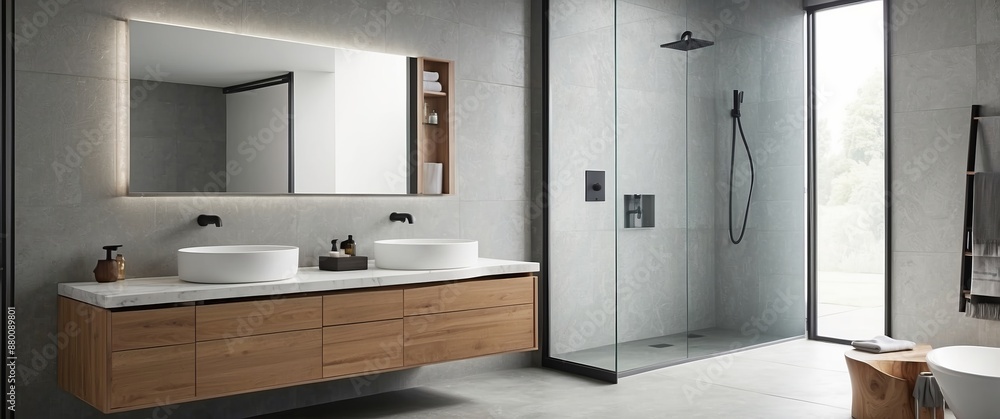 A modern bathroom featuring wooden vanity, double sinks, and a glass enclosed shower Ideal for interior decor inspiration, real estate, and home improvement concepts A modern bathroom featuring wooden vanity, double sinks, and a glass enclosed shower Ideal for interior decor inspiration, real estate, and home improvement concepts