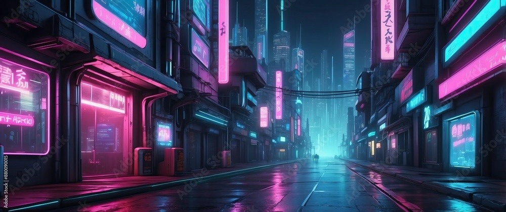 Futuristic cityscape at night with neon lights and skyscrapers in a cyberpunk style, perfect for concepts of futuristic cities, technology, and sci fi settings Futuristic cityscape at night with neon lights and skyscrapers in a cyberpunk style, perfect for concepts of futuristic cities, technology, and sci fi settings