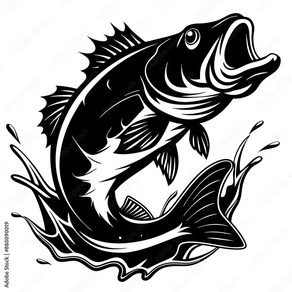 Fototapeta premium A large bass fish, fish, vector, tattoo, illustration, animal, tribal, sea, black, design
