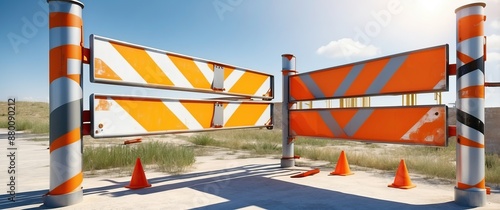 Outdoor construction site featuring orange and white safety barriers and cones  Ideal for concepts related to roadwork, caution, and infrastructure maintenance photo