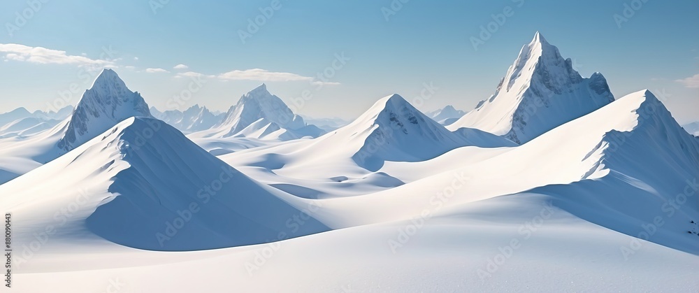 Fototapeta premium Snow covered mountains under a clear blue sky, showcasing pristine winter beauty Ideal for winter landscapes, nature photography, and adventure concepts