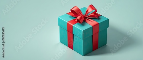 A beautifully wrapped turquoise gift box with a red ribbon and bow, perfect for various celebrations like birthdays, anniversaries, and holidays