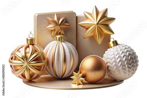 Luxurious 3D render of golden Christmas decorations. Intricate, ornate holiday composition on transparent background for elegant festive designs