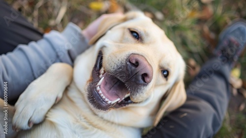 A close-up of a Labrador retriever with a big smile, enjoying a belly rub from its owner.