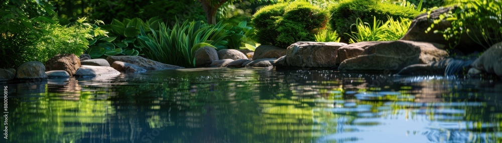 Serene pond surrounded by lush greenery and rocks, reflecting a tranquil natural landscape on a sunny day. Serene pond surrounded by lush greenery and rocks, reflecting a tranquil natural landscape on a sunny day.