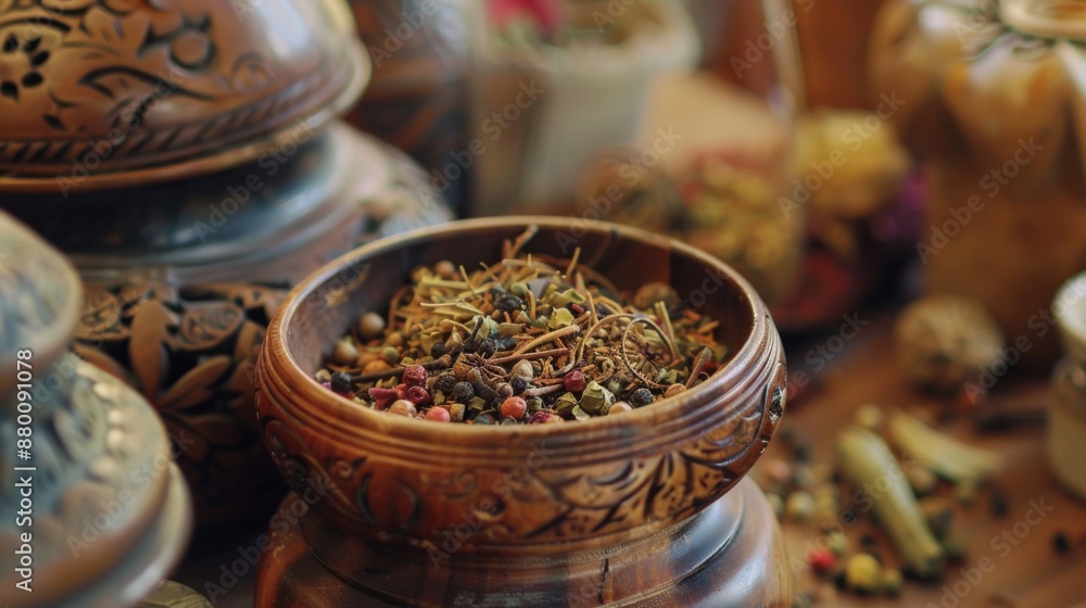 A close-up of a traditional wooden spice grinder with various aromatic spices inside. A close-up of a traditional wooden spice grinder with various aromatic spices inside.