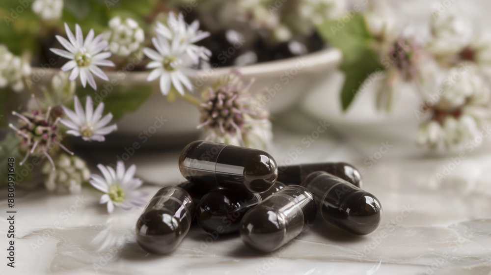 Macro Shot of Black Cohosh Pills with Focus on Women's Health and Wellbeing Macro Shot of Black Cohosh Pills with Focus on Women's Health and Wellbeing