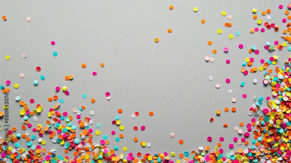 Confetti arrangement on gray backdrop for party decor Mockup with space for text Confetti arrangement on gray backdrop for party decor Mockup with space for text