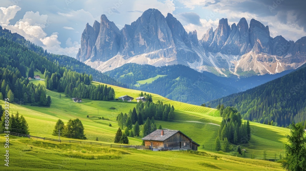 Obraz premium Picturesque Alpine Village: Houses on Green Meadows with Mountain Peaks